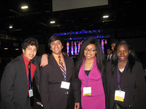 From left to right- Junior Chris Paul, junior Nabeel Jawad, senior Kaija Clinton, and junior Riquanda Walker at DECA’s state competition. “I felt great knowing that my hard efforts paid off and am now able to challenge myself,”  said Jawad. 