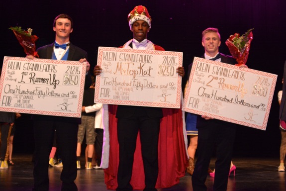 Finishing with the title of Mr. TopKat at the 10th annual Mr. TopKat Competition on Feb. 12 was senior Rodney Whitfield (center). The first runner-up was Alex Crowley (right), and the second runner-up was Kendall Jeffries (left). Photos by Katy Clark. 
