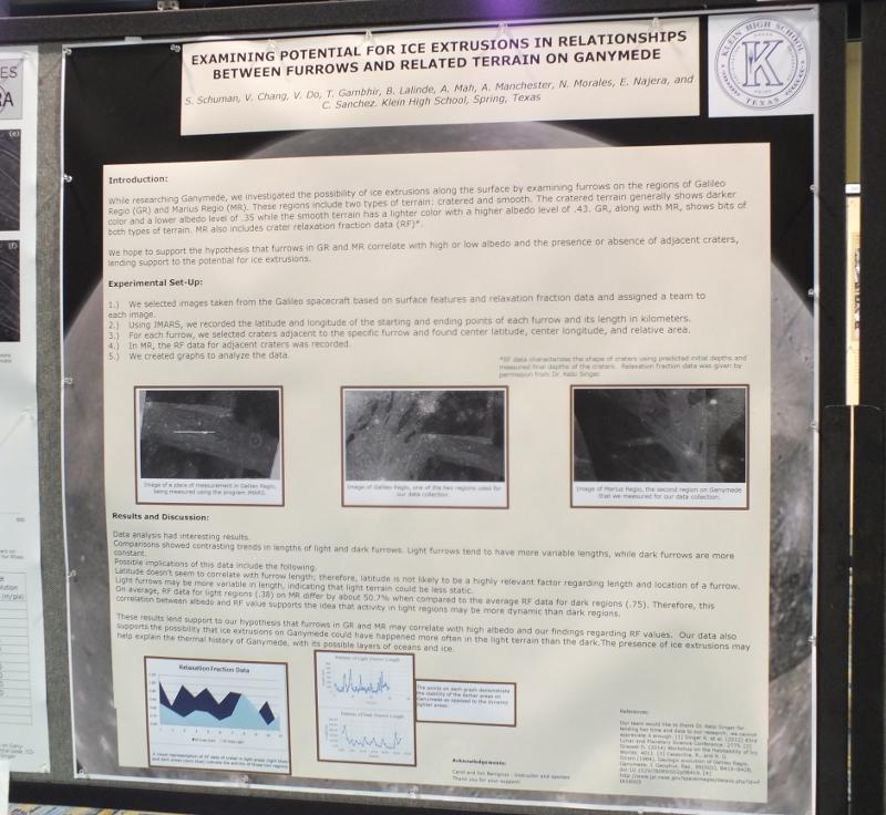 The poster for the Astronomy Clubs project, Examining Potential for Ice Extrusions in Relationships Between Furrows and Related Terrain on Ganymede, was developed from September to March and presented at the 46th International Lunar and Planetary Science Conference. Photo courtesy of Jon Benignus. 