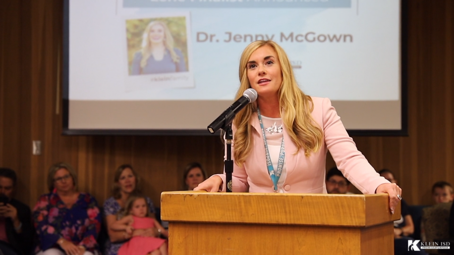 Dr. Jenny McGown gives acceptance speech after being awarded the position of lone of superintendent. 