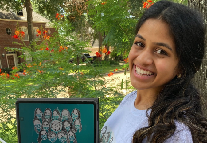 Bearkat senior, Sneha Shenoy, with some of her artwork for Pledge To Distance