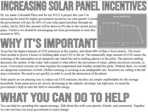 Kendall Places FCCLA infographic based around the argument that solar panels can help solve climate change.