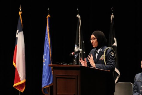 Senior and first semester group commander Anum Javeed makes her hope-filled and enthusiastic speech to the cadets during the Space Force conversion.